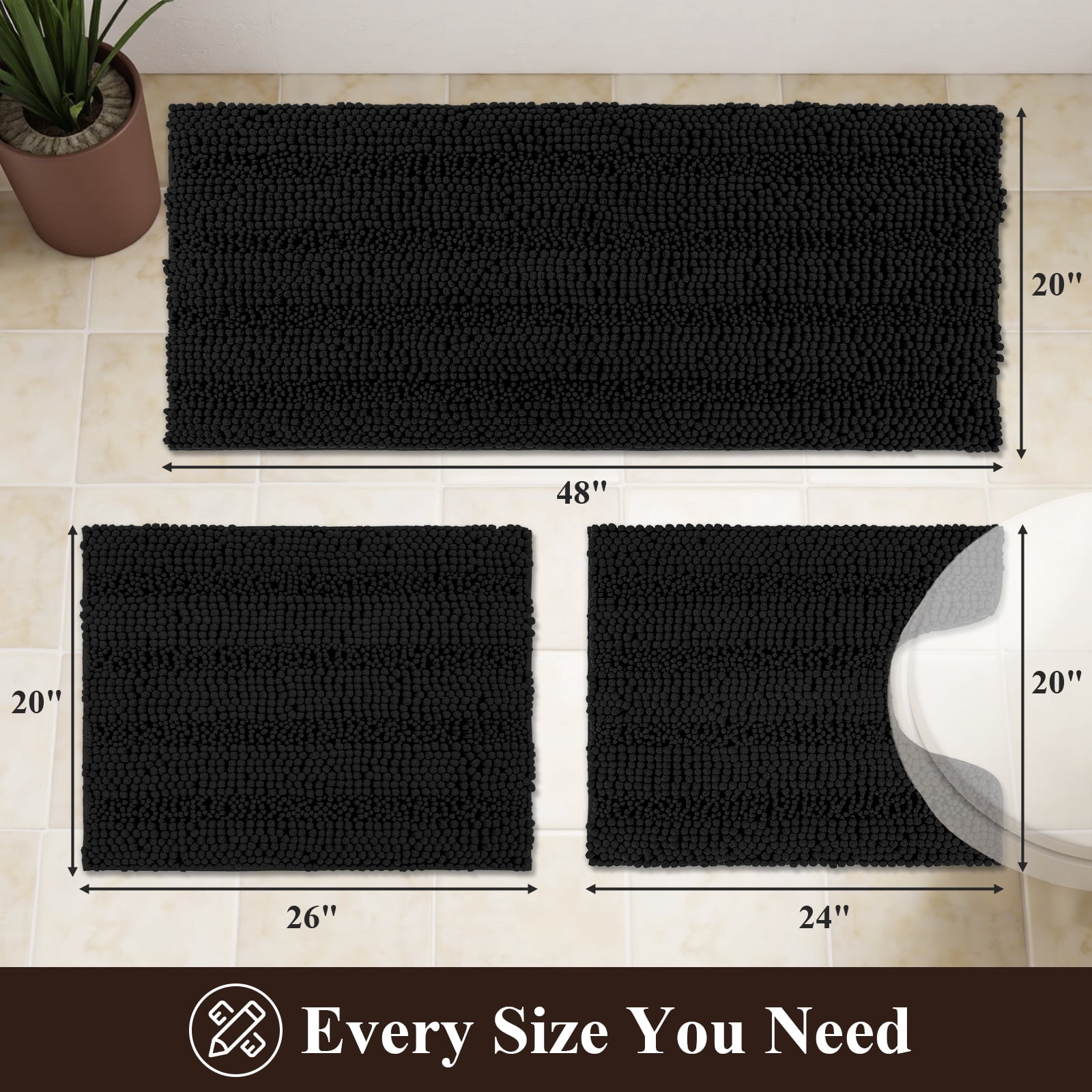 Ileading Ultra Soft Bathroom Rug Set 3 Pieces, Non Slip Thick Chenille Striped Bath Mat, Absorbent Plush Shaggy Bath Rugs for Bathroom, Black