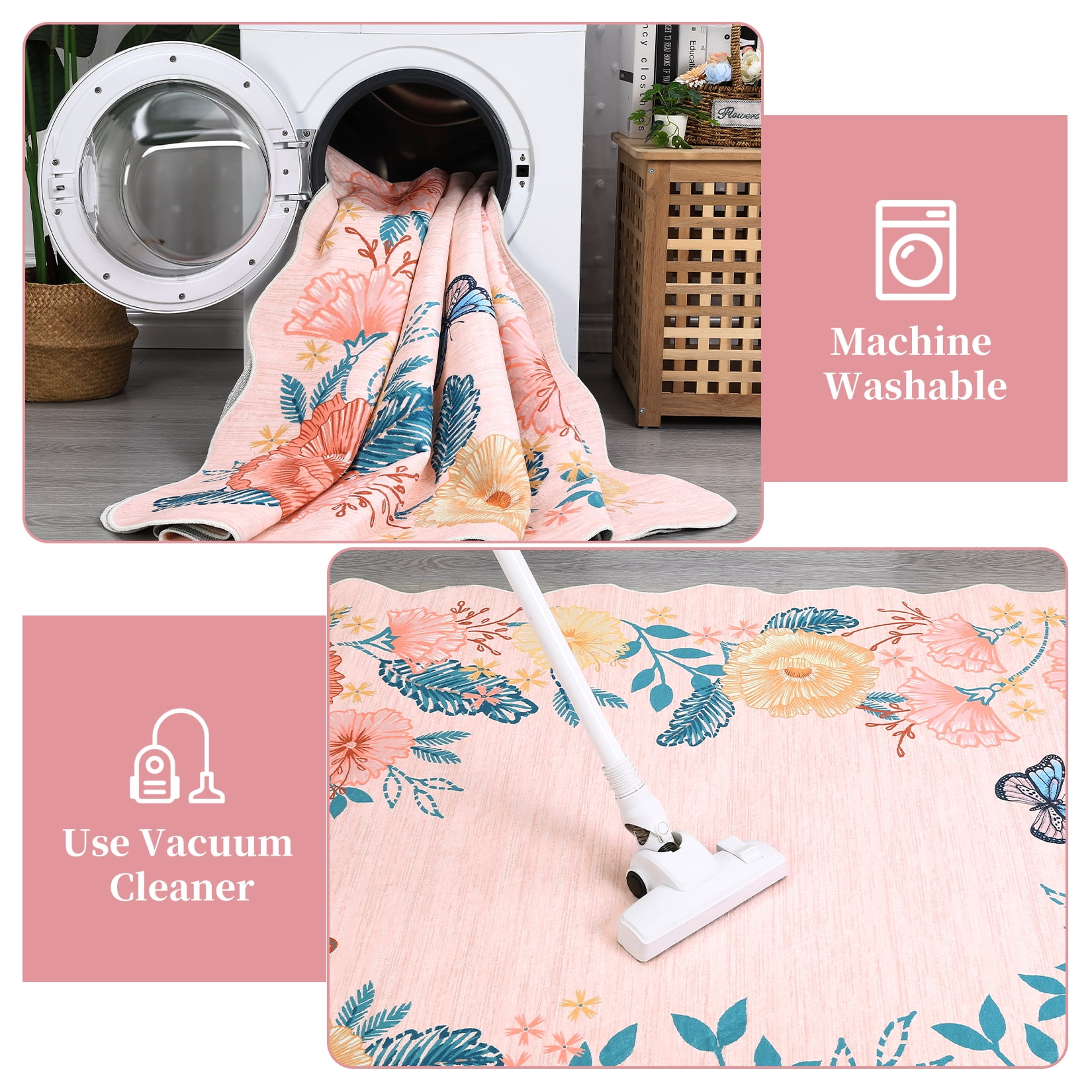 Garvee 2'x6' Runner Rugs Washable Foldable Print Rug, Non-Slip Low Pile Rug Distressed Indoor Floral Rugs for Hallway, Laundry Room, Farmhouse Kitchen Mat, Pink