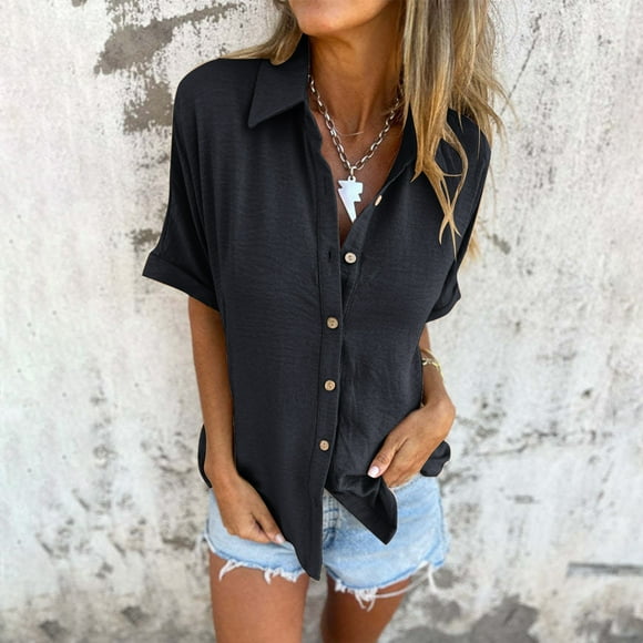 Summer Savings Clearance! Women's Solid Color Five Quarter Sleeve Lapel Button Cardigan, Stylish and Versatile Short-Sleeve Top for Work, Office, or Casual Wear Clearance Sales Today Deals Prime