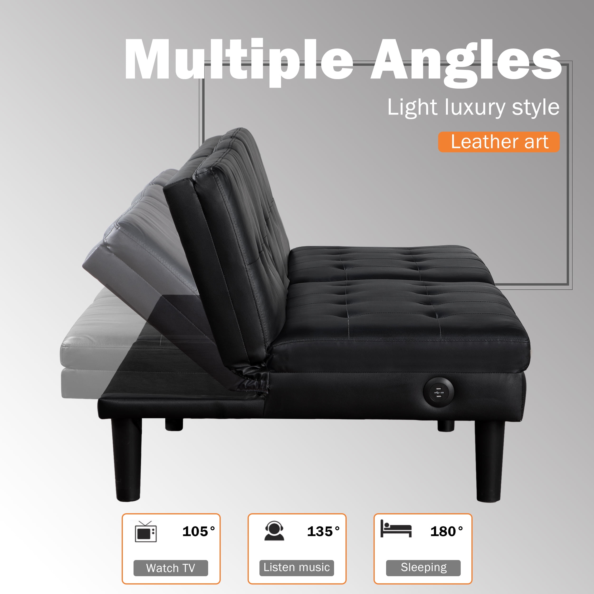 Futon Sofa Bed with USB, Cupholder , Faux Leather Convertible Futon Couch Bed for Living Room, Bedroom, Black