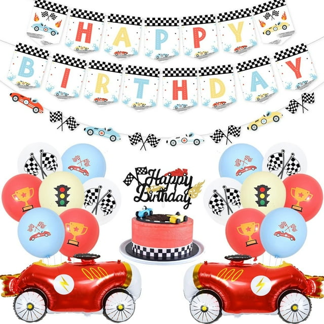 Vintage Race Car Birthday Party Decorations, Retro Pastel Racing Party Decorations for Boys - Race Car Happy Birthday Banner, Cake Topper, Let's Go Racing Party Decorations for 1st 2nd 3rd Birthday