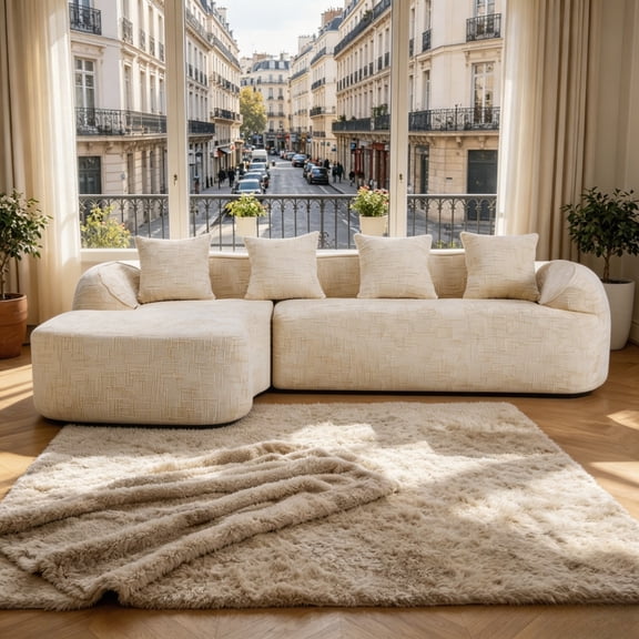 Jivora 101.18" L Shaped Sectional Sofa, Chenille Couch with Curved Armrests & Pillows