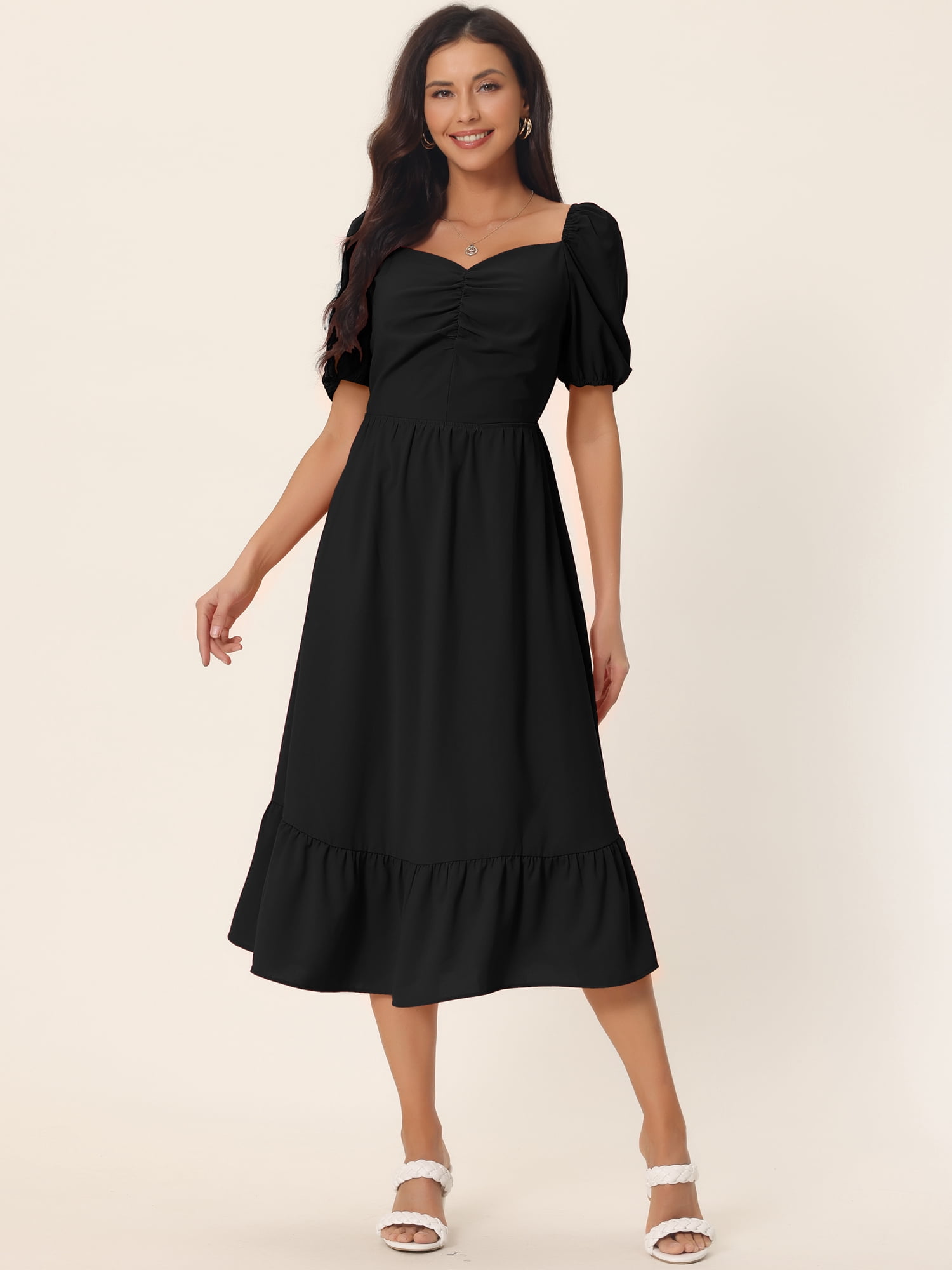 DARING DIVA Women's Flowy Beach Puff Sleeve Midi Dresses S Black