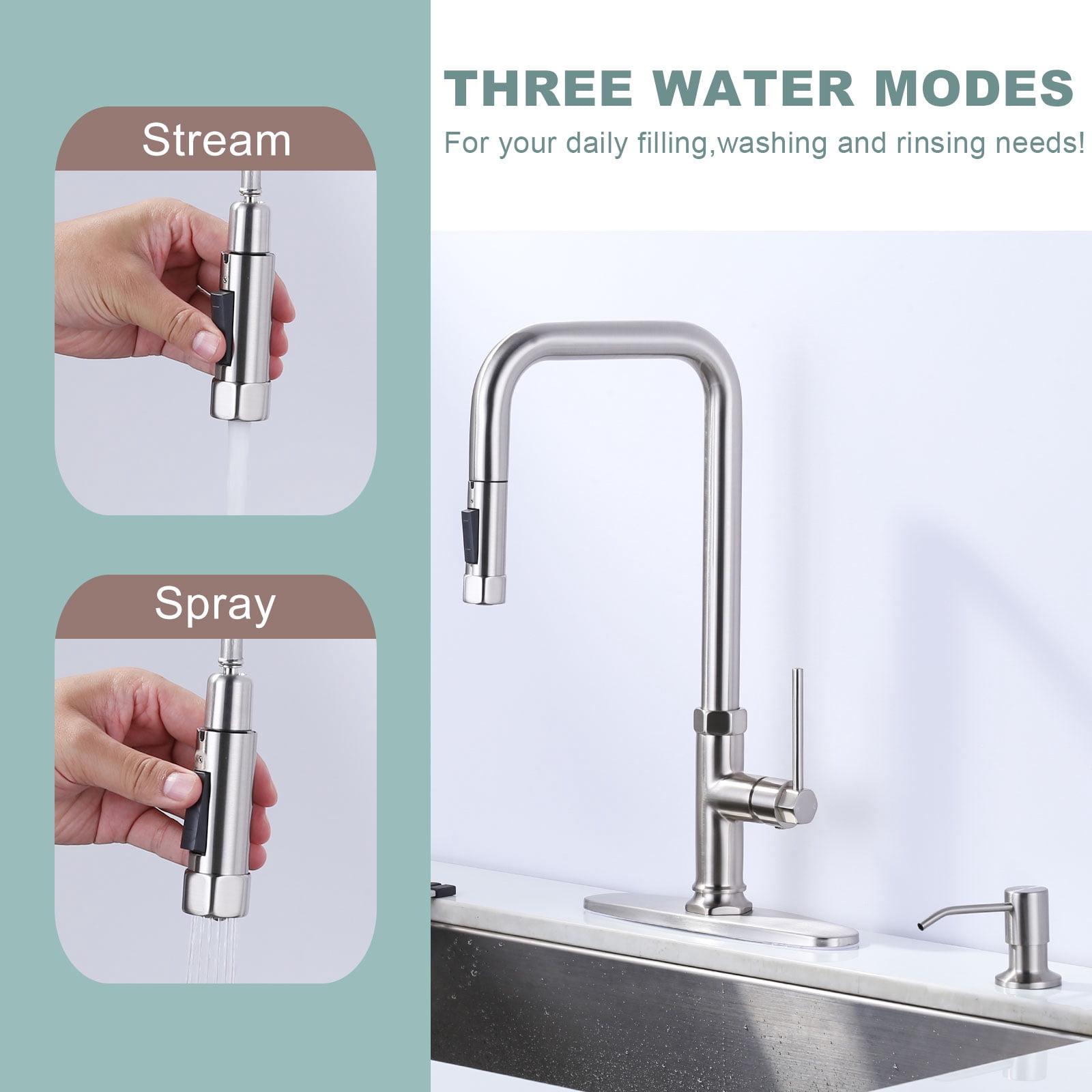 WOWOW Single-Handle Pull Down Sprayer Kitchen Faucet with Pull Out Spray Wand and Soap Dispenser in Brushed Nickel