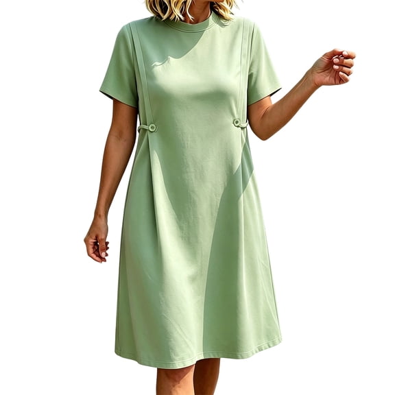 Levmjia Women's Short Sleeve Casual Dress Plus Size A Line Tunic Dress with Side Buttons Crew Neck Loose Fit Swing Dress for Summer