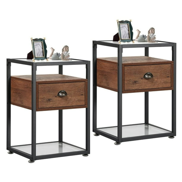 VECELO Set of 2 Tempered Glass Top Nightstand with Drawer, Industrial