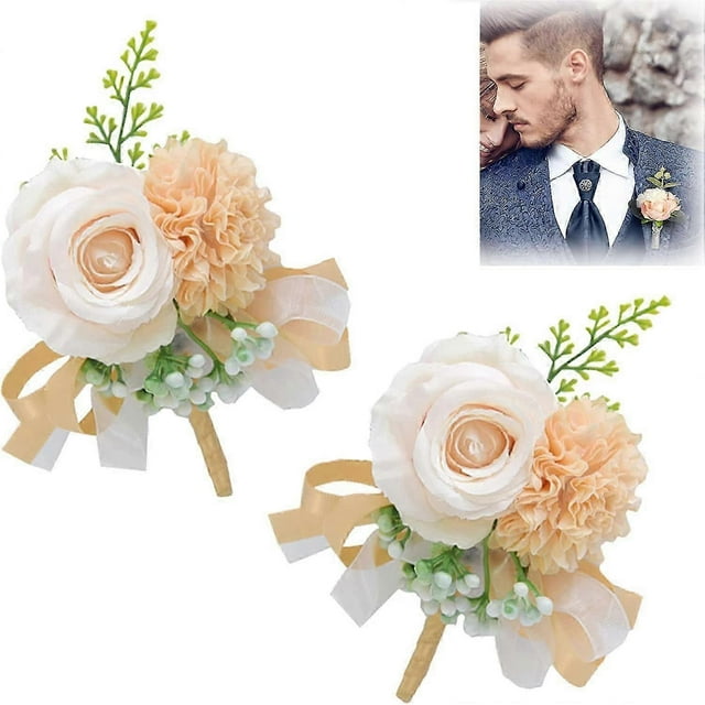 2 Pcs Champagner Wedding Boutonniere,Wedding Flower Wrist Corsage,Bridesmaids Wrist Flower