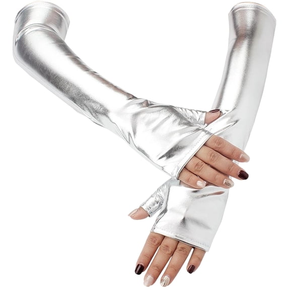 Shiny Metallic PU Leather Fingerless Gloves Silver Long Half Palm Rock Stage Gloves Stretchy Gothic Punk Dress Up Arm Warmer Arm Sleeves DIY