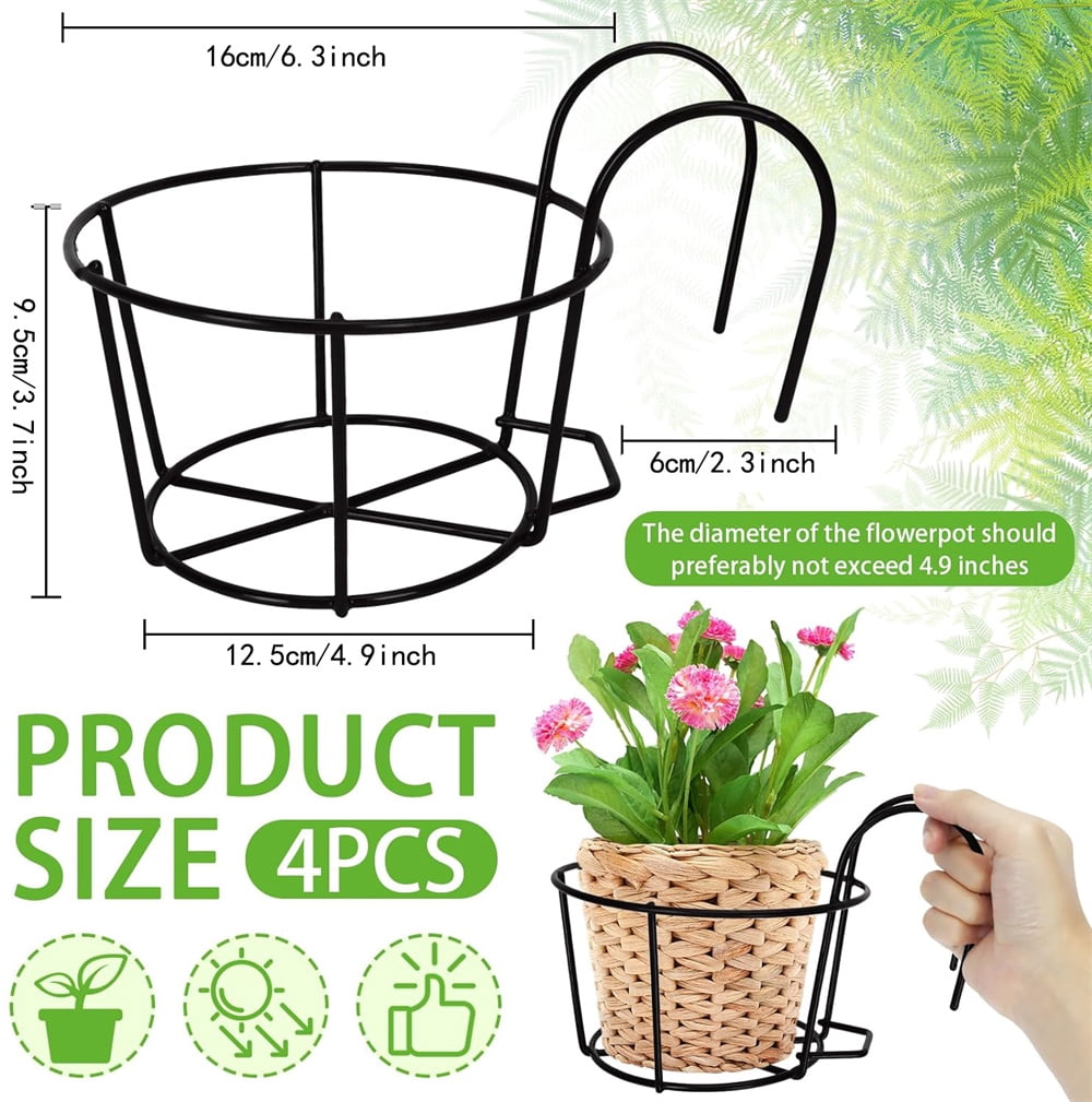 NOGIS 4 Pack Round Hanging Railing Planters Basket Metal Balcony Planters Railing Hanging Flower Pot Holders for Outside,Indoor，Balcony,Garden