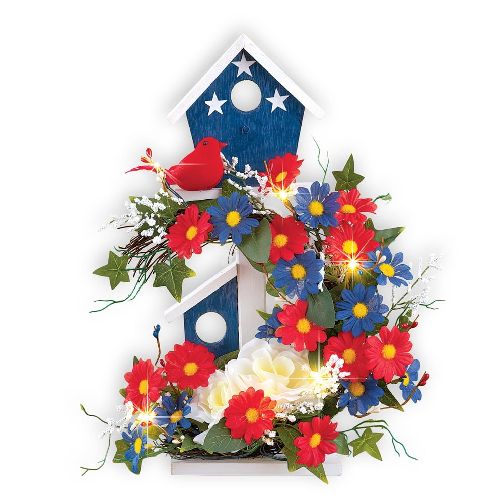 Patriotic Birdhouse Lighted Floral Tabletop Decoration for July 4th, Memorial Day by Collections Etc