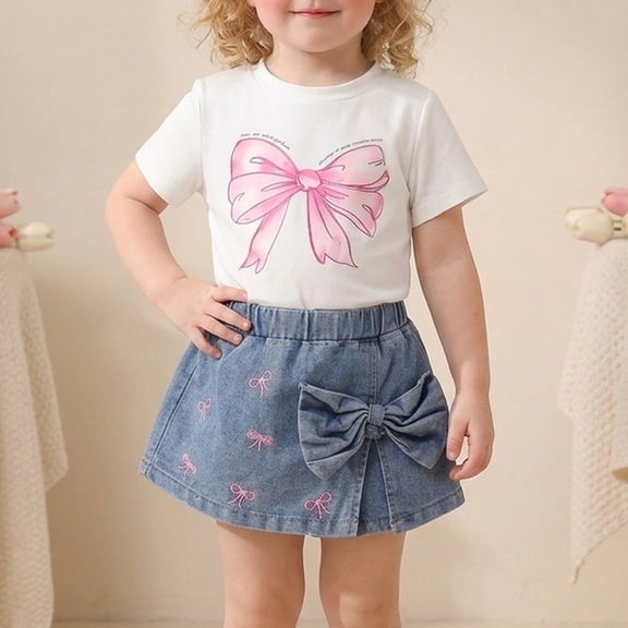 JCCXIN Girls Summer Outfit Sets Cute Bow Print T Shirt With Denim O-Neck Tops Shorts Two Piece Toddlers Kids Comfort Clothes Sets