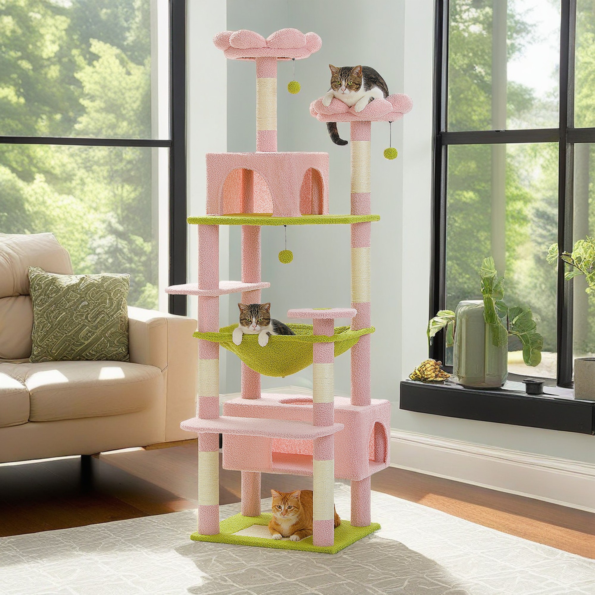 Kadyn 72" Large Cat Tree Tower with Sisal Scratching Post, Indoor Cat Condo for Big Cat Maine Coon, Pink