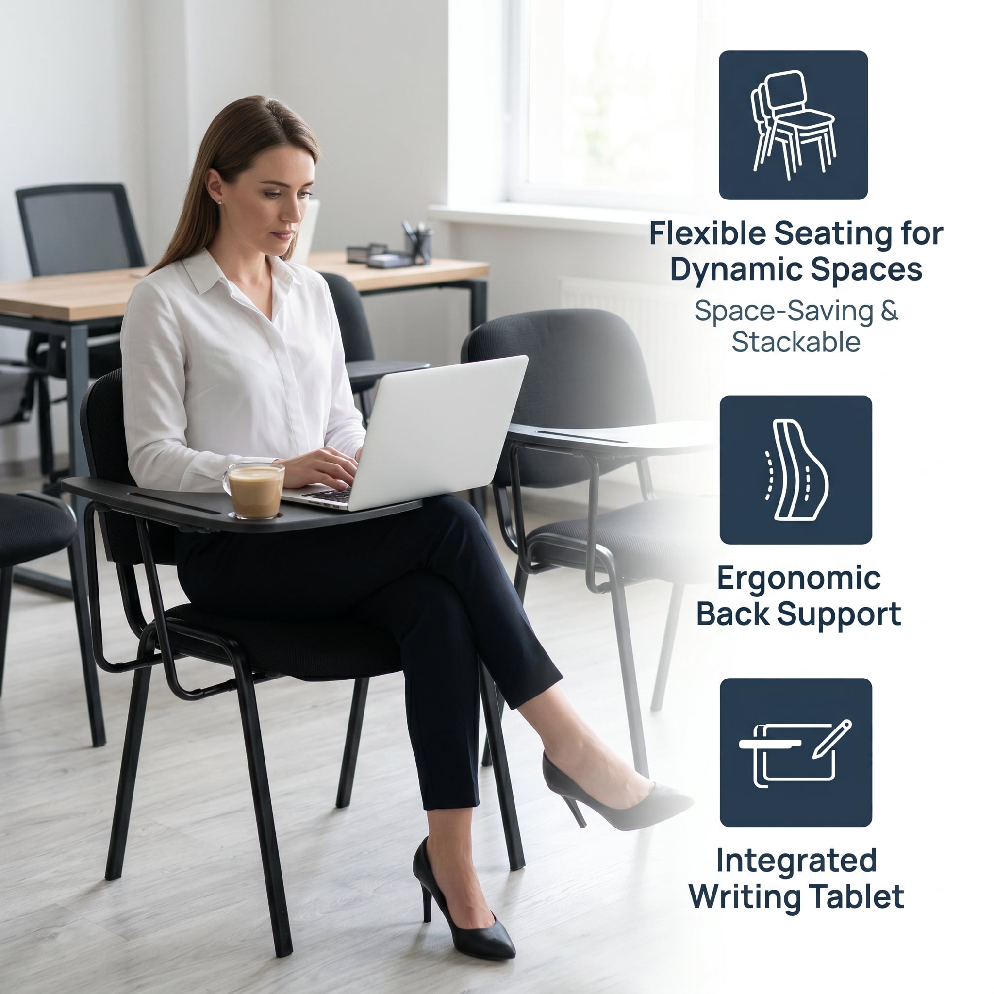 Guyou Set of 5 Black Stackable Conference Room Chairs with Flip-up Tablet Arm, Mesh Reception Chair with Back, Ergonomic Office Chairs, Visitor Chairs for Conference Room Training Room School