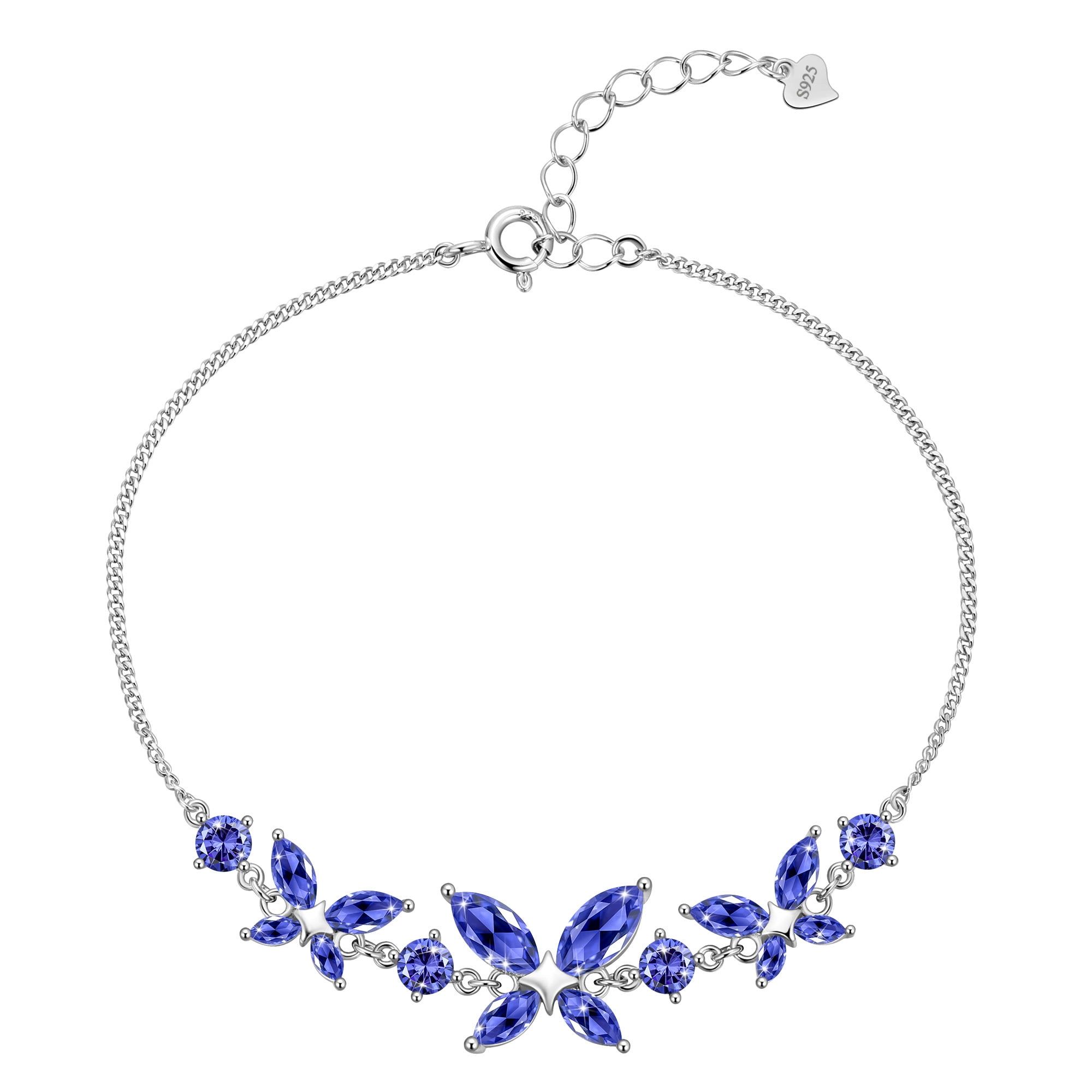 Beautlace 18K White Gold over Silver Butterfly Gemstone Bracelet,Adjustable December Tanzanite Birthstone Bracelet Charms Jewelry Birthday Christmas Valentines Gifts for Women