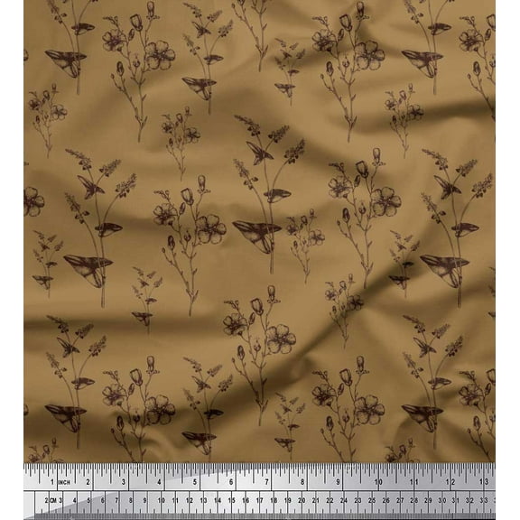 Soimoi Brown Cotton Duck Fabric Leaves & Flower Decor Fabric Printed Yard 42 Inch Wide