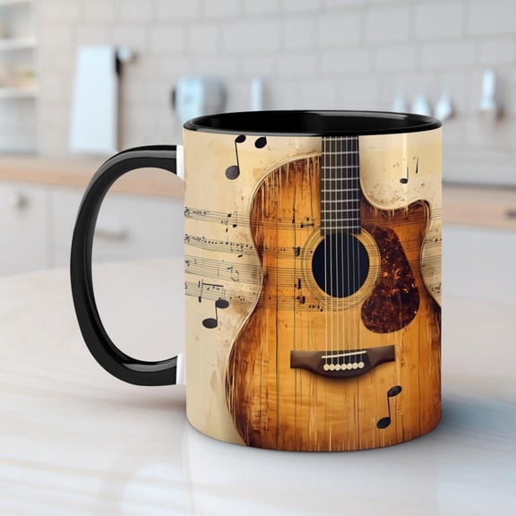 Guitar Themed Ceramic Coffee Mug 11oz Microwave Hot Iced Coffee Vintage Music Design with Acoustic Guitar Musical Notes Unique Music Lovers Birthdays