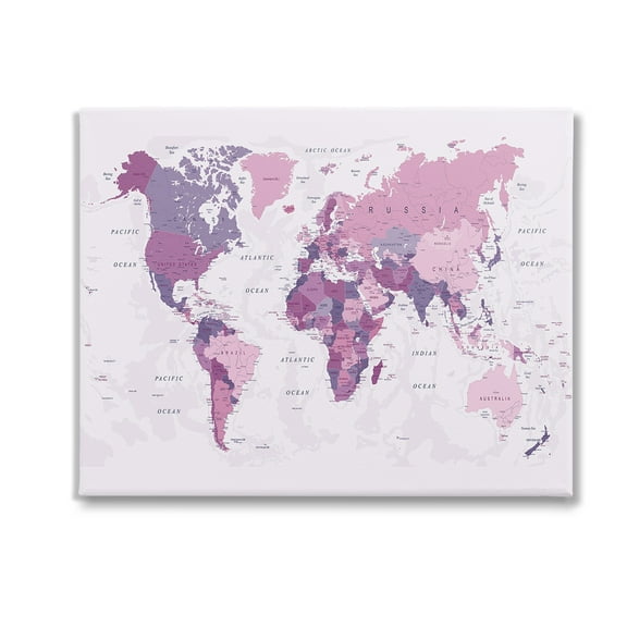 Stupell Industries Detailed Pink World Map Town & City Painting Gallery Wrapped Canvas Art Print Wall Art, 20 x 16