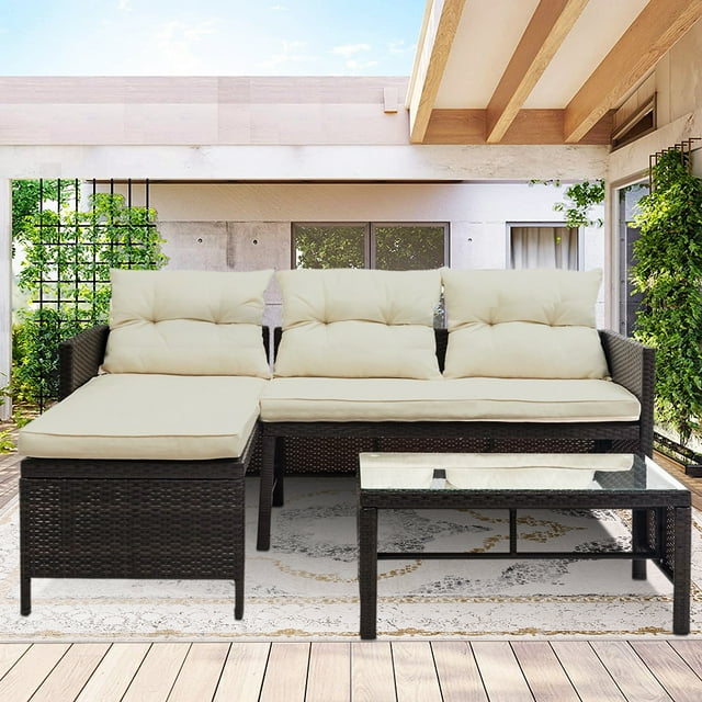 Wicker Patio Sets, 3 Piece Patio Furniture Sofa Sets with Lounge Chaise Chair, Loveseat Sofa, Coffee Table, All-Weather Patio Conversation Set with Cushions for Backyard, Garden, Poolside