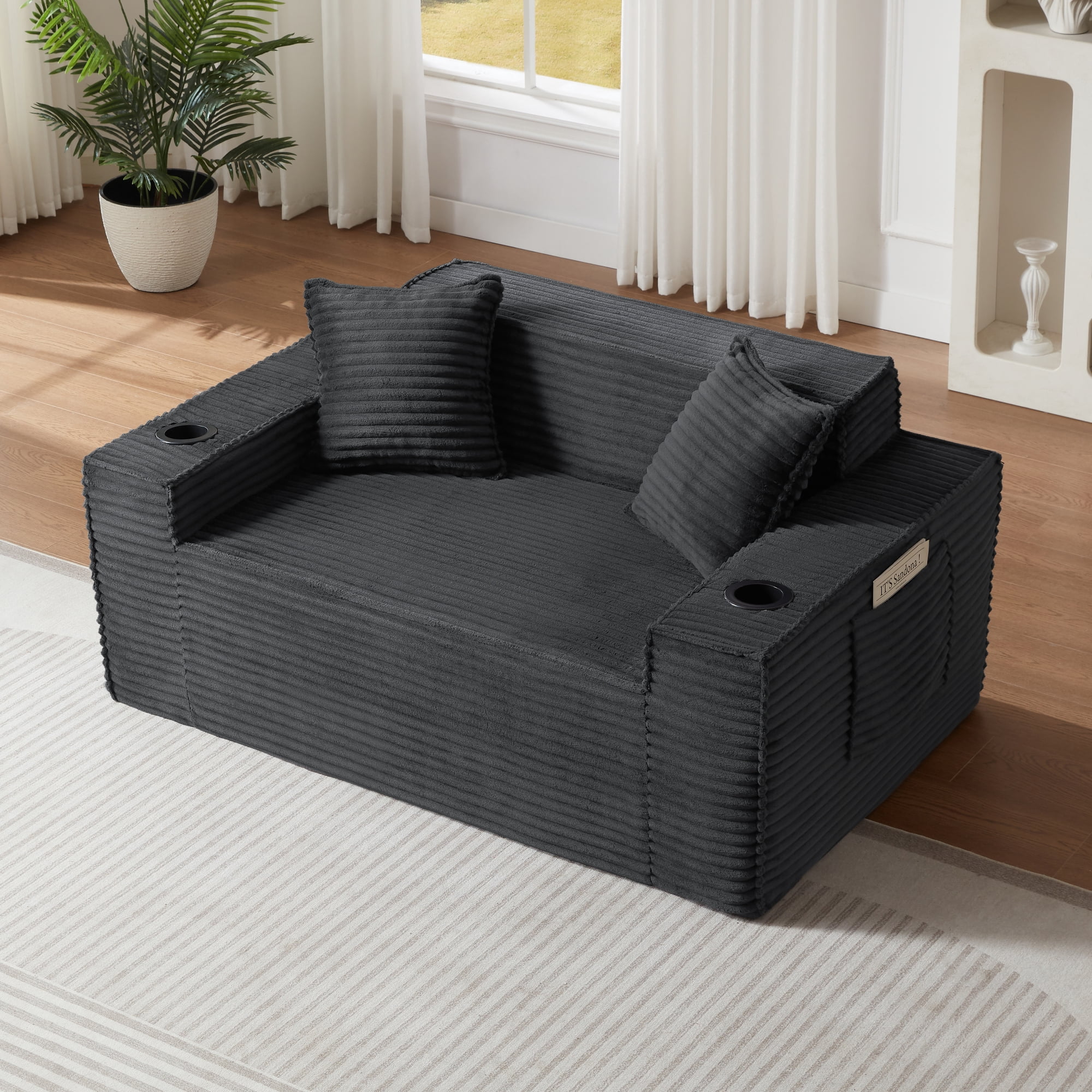 Leumius Cloud Sofa,2 Seater Boneless Couch with Cupholders,Upholstered Corduroy Fabric Modern Loveseat with Deep Seats for Living Room Bedroom,Dark Gray