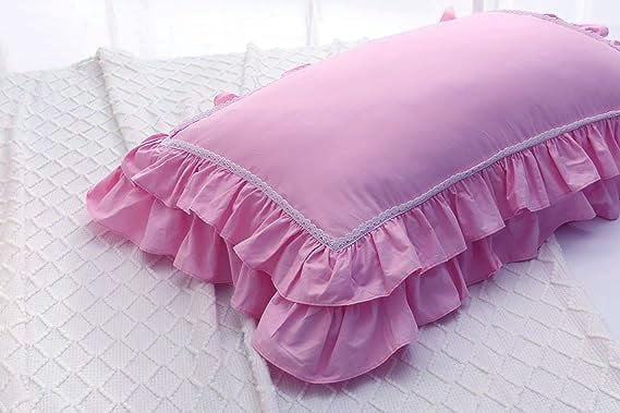 2-Pack Pink Pillow Shams Pillowcases with Lace and Ruffles Cotton Queen Size 20"X30" Shabby Chic