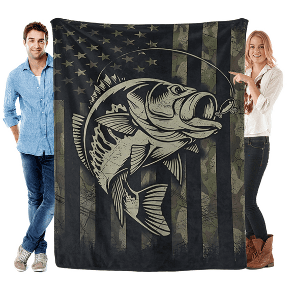 Camo Fish Blanket for Men, Gift for Fishing Lovers, Camo Fishing Throw Blanket, Fish Gifts for Men Adults
