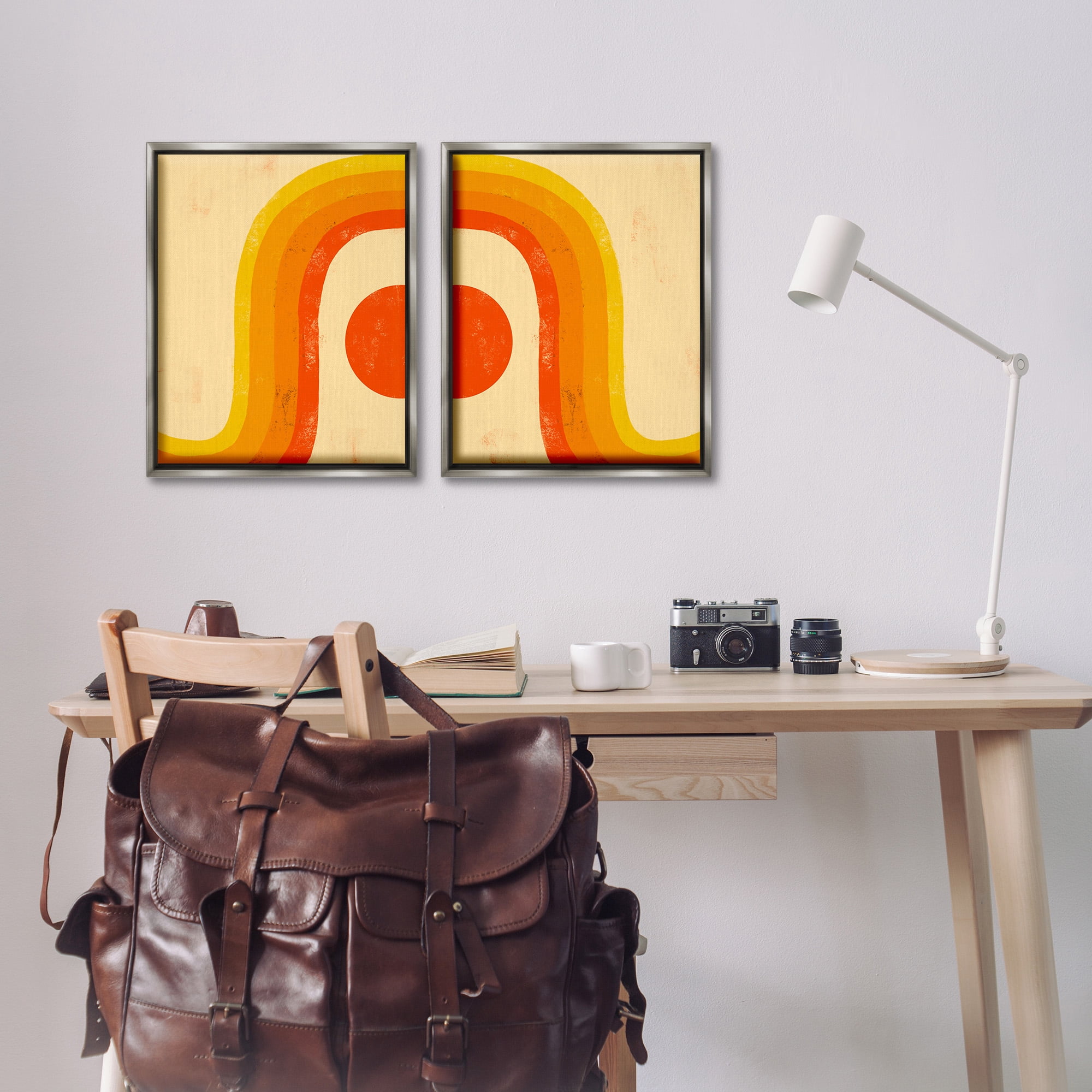 Stupell Industries Sun Setting Under Warm Tone Rainbow Abstract Painting Gray Floater Framed Canvas Art Print Wall Art, 17 x 21, Set of 2