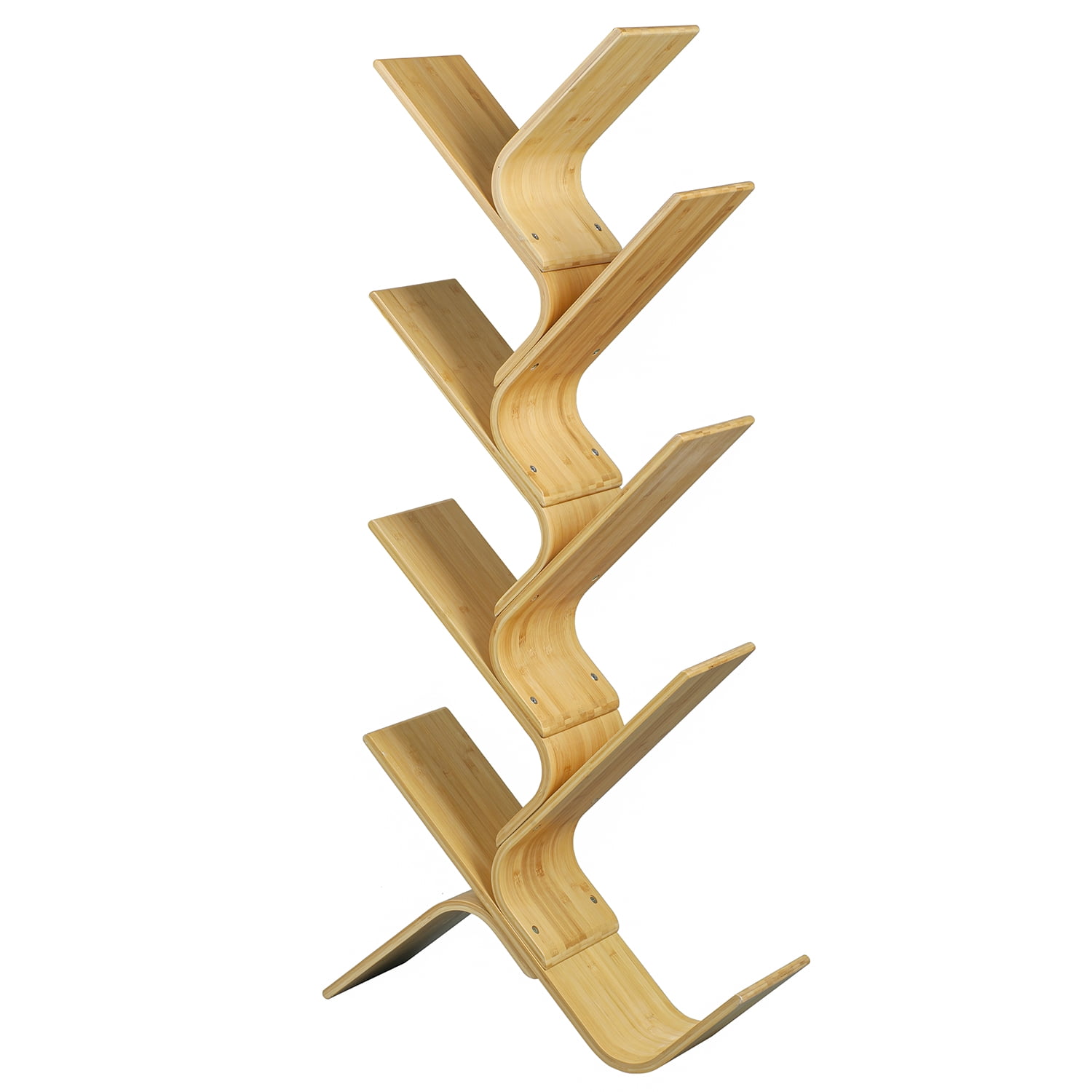 Kadyn 8-tier Bamboo Floor Standing Tree Bookshelf, Bookcase Rack for Books Cds Plants, Book Tower Storage Organizer Shelves for Living Room, Light Brown