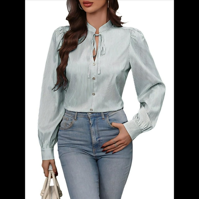 Camisas A Rayas con Botones para Mujer, Blusas Clásicas de Larga y Elegantes para Oficina y Trabajo. Verde S