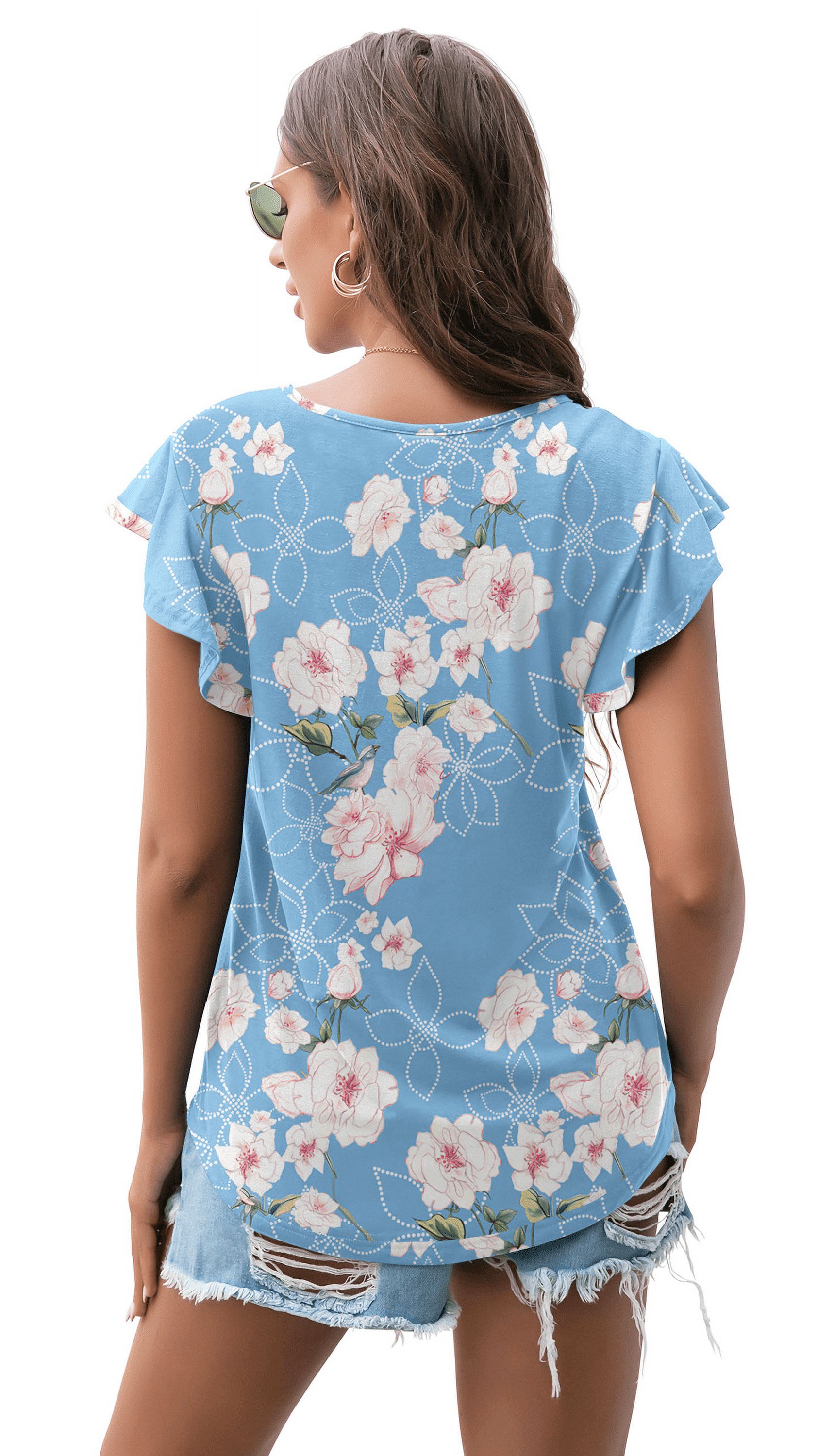 JWD Women's Ruffle Round Neck Short Sleeve Casual Top, Blue photo 6