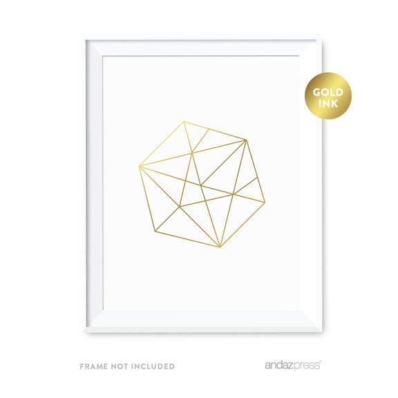 Tilted Hexagon Geometric Shapes Origami Wall Art Metallic Gold Ink Print