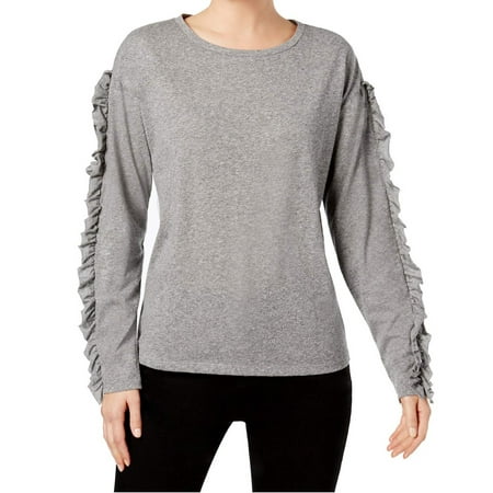50l Suit - INC Womens Gray Ruffled Long Sleeve Crew Neck Tunic Top Size: L