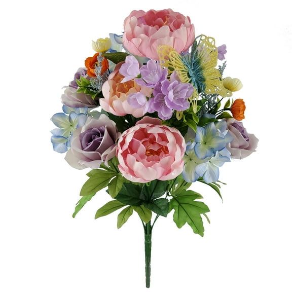 Mainstays 21in Indoor and Outdoor Artificial Mixed Butterfly Bouquet, Pink Peony & Purple Rose.