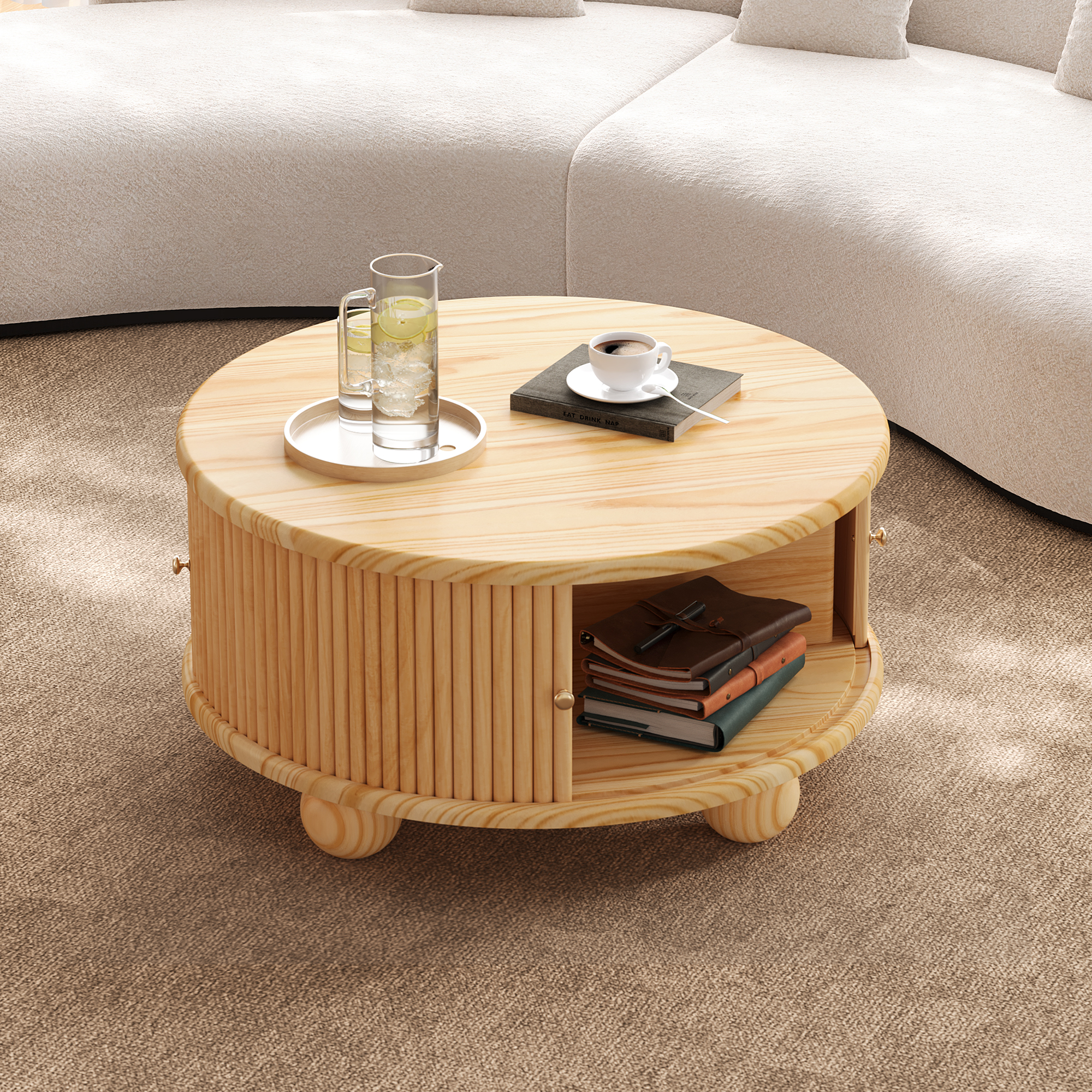 Euroco Round Fluted Coffee Table with Storage, Sliding Door, Natural, 31.8"