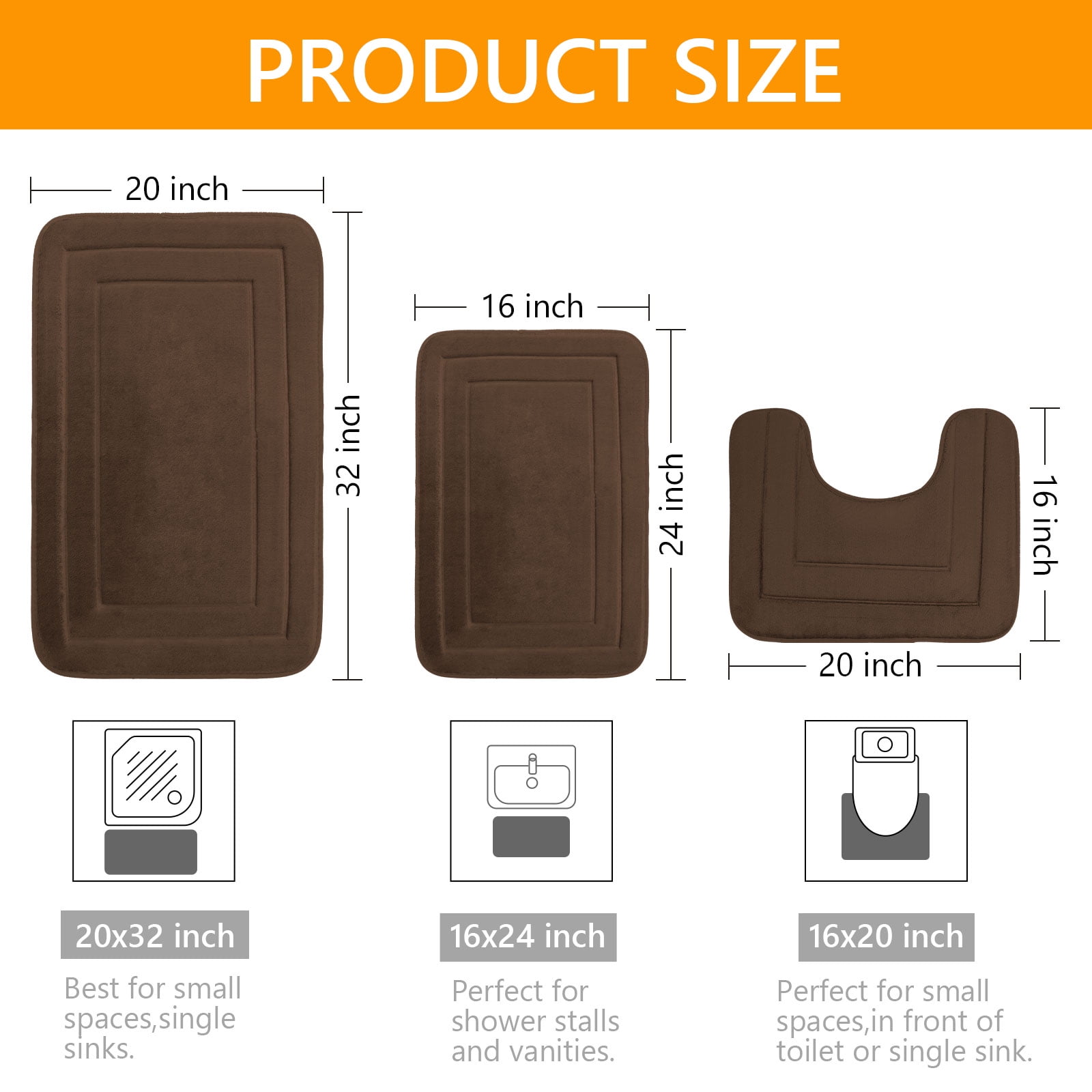 Tripumer Sets 3 Pieces Bathroom Mats Set Non Slip Memory Foam Bath Mats for Bathroom Shower Brown