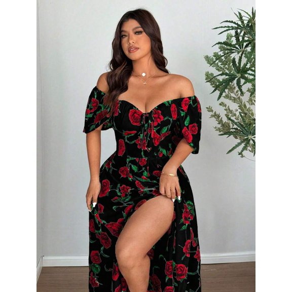 Black Plus-Size Off-Shoulder Rose Print A-Line Dress With Side Split