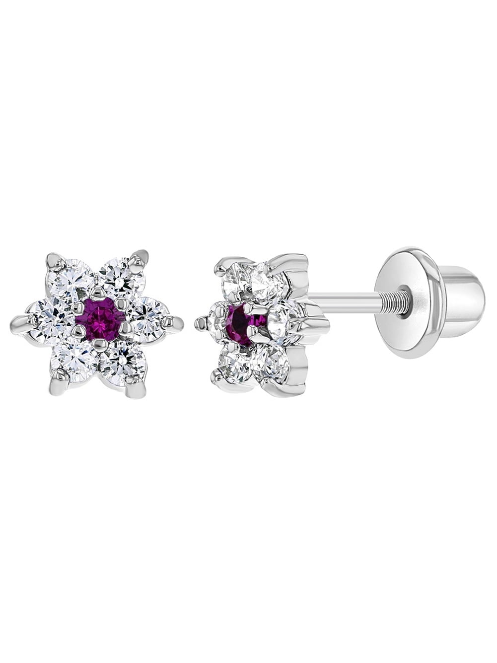 Rhodium Plated Clear Fuchsia Crystal Mouse Bow Screw Back Girls Kids Earrings 