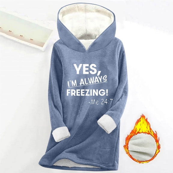 BLTIBY Sherp Lined Sweatshirt for Women Hooded Casual Fleece Pullover Thermal Printed Long Sleeve Tops Fall Winter Clothes Blue 3XL