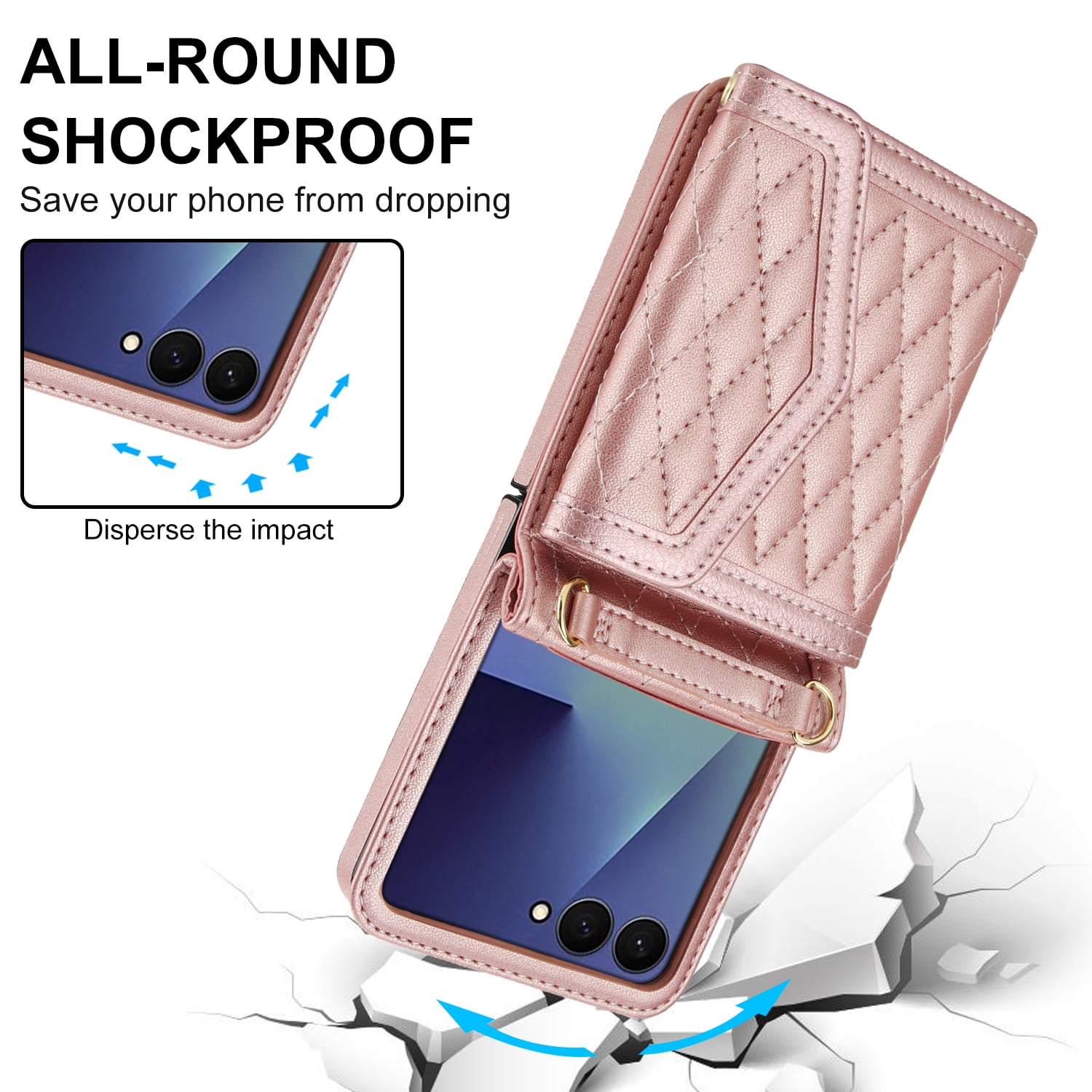 ShellTech for Samsung Galaxy Z Flip 7 PU Leather Flip Case with Wrist Strap, RFID Blocking PU Leather Crossbody Wallet Phone Case with Card Slot Cash Pocket Kickstand Case Cover,Rosegold
