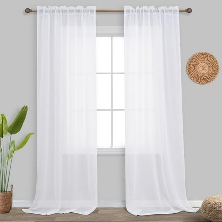 Koufall White Sheer Curtains 96 Inches Long 2 Panel Set Drapery Faux Linen Rod Pocket Shabby Chic Curtains For Bedroom Living Room 96 Inch Length