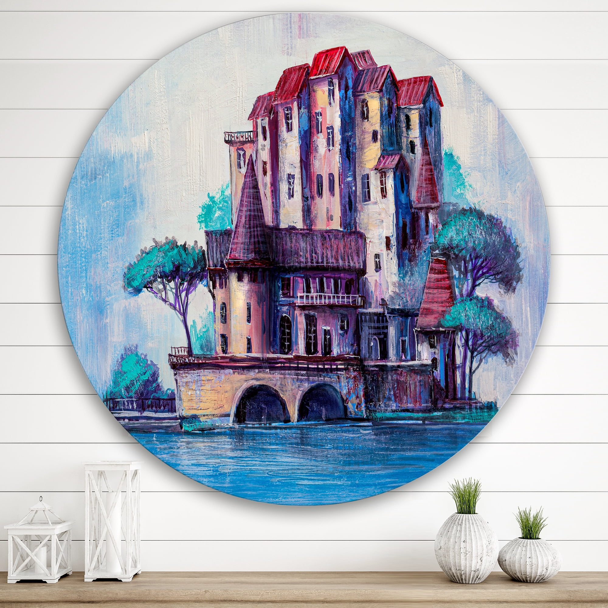 Designart 'Ancient City Skypscrapers By The Bridge' Traditional Circle Metal Wall Art 29x29 - Disc of 29