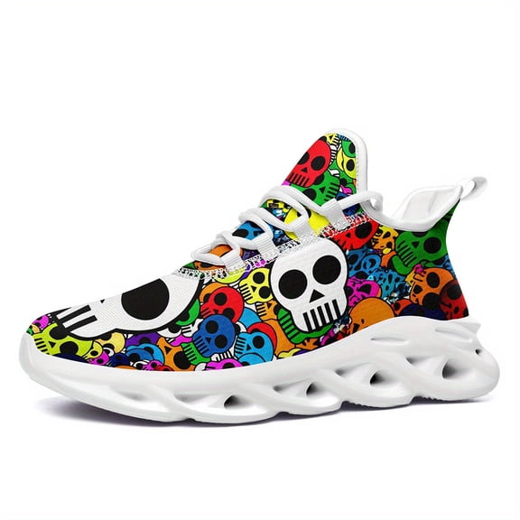 Coolcustomize Edgy Colorful Skull & Crossbones Sneakers for Women, Low-Top Lace-Up Round Toe Trainers with Cushioned Sole for Streetwear, Running, Travel Casual Shoes (Skull Design Color Options)