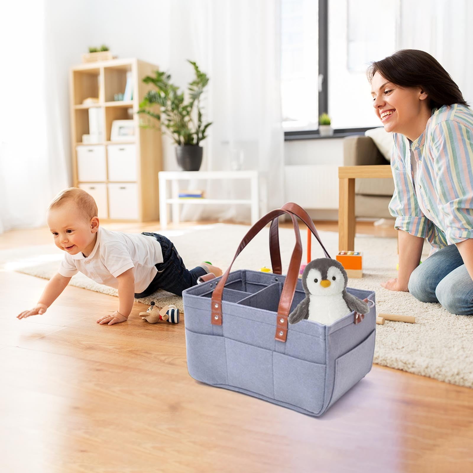 Foldable Nursing Organizer & Portable Diaper Caddy - Multifunctional Storage Bag for Car Travel, Breast Pump Storage,Baby Essentials with Removable Compartments Large Capacity Gray