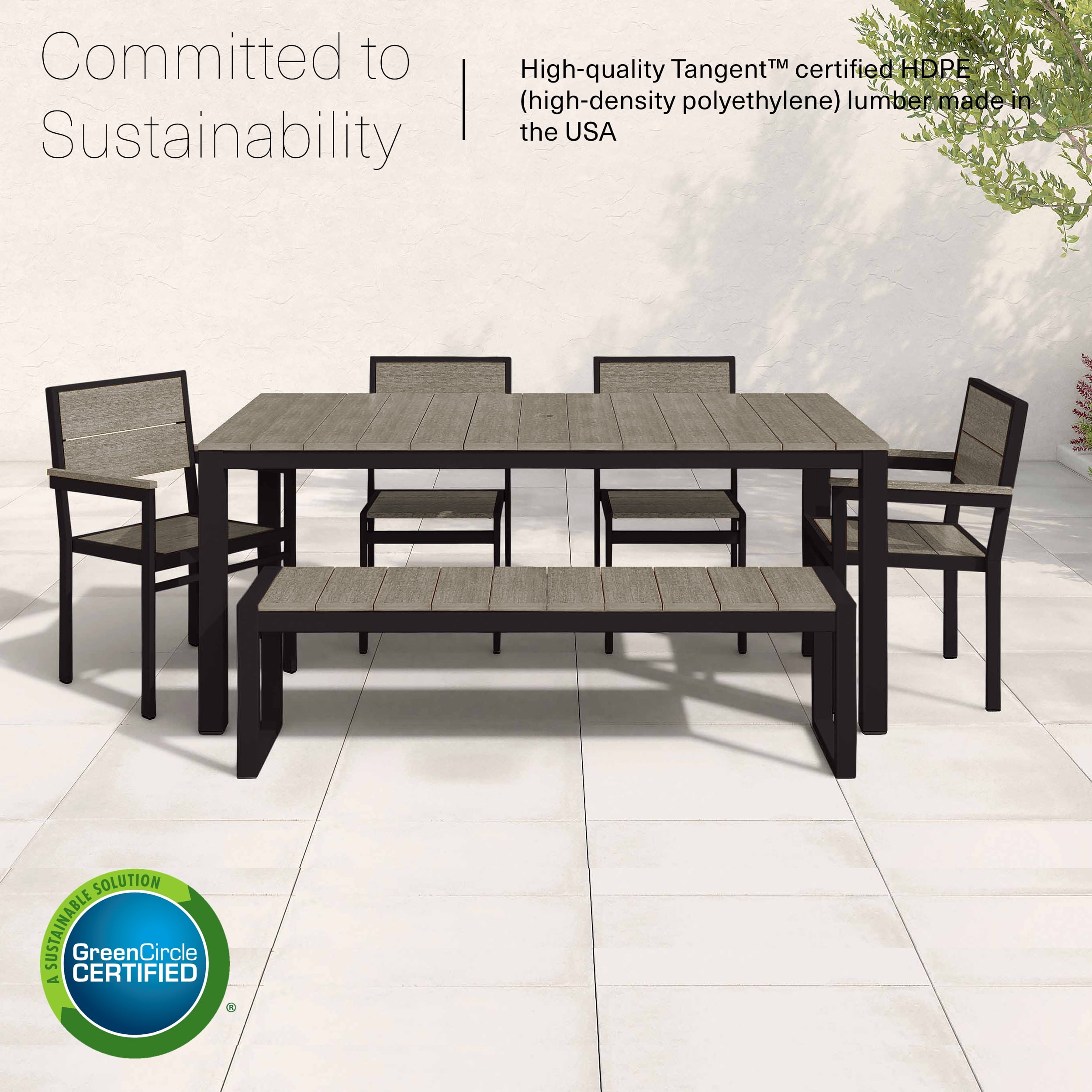 DuroGreen Park City 72" Rectangular 6-Pc Outdoor Dining Set, 1 Table/1 Bench/4 Chairs Made With All-Weather Tangent Sustainable Lumber, High End Patio Furniture, Black with Coastal Gray