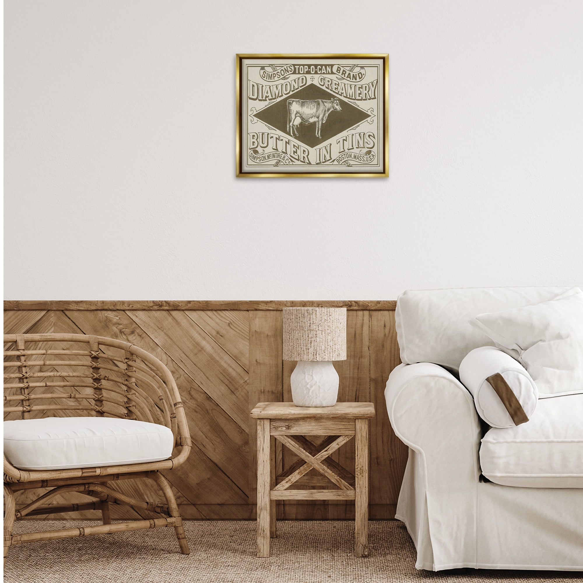 Stupell Industries Vintage Creamery Advertisement Food & Beverage Painting Gold Floater Framed Canvas Art Print Wall Art, 21 x 17