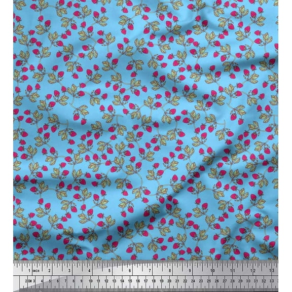 Soimoi Silk Fabric Leaves & Strawberry Fruits Fabric Prints by Yard 42 Inch Wide