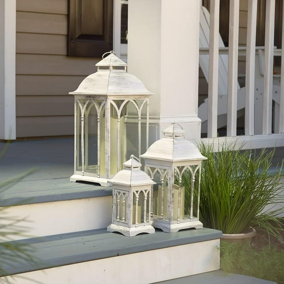 Pebble Lane Living, Lombard Metal Lantern Set of 3, Outdoor-Friendly, 11" H, 15" H, 20.5" H, White
