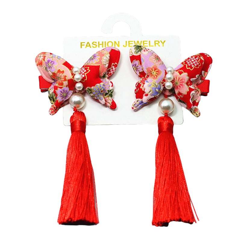 MOREFUN Baby Girls Chinese Style Hairy Furry Flower Tassels Hair Clips Barrettes For Kids Festival