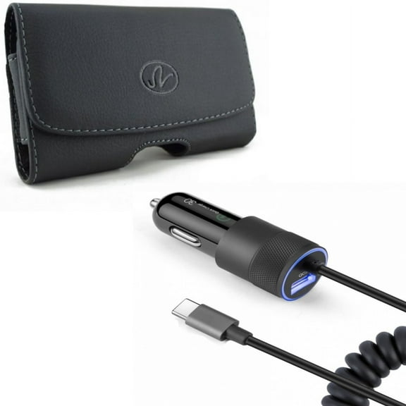 36W Fast Car Charger & Case Belt Clip for iPhone 15 Pro Max - USB-C Power Adapter Coiled Type-C Cable Extra USB Port and Leather Swivel Holster Loops O4O for iPhone 15 Pro Max (6.7")