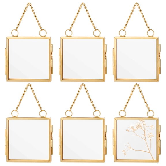 6pcs Gold Mini Glass Hanging Frame 2.7x2.7x0.3 Inch Gold Metal Picture Frames Clear Double Glass Floating Frame Hanging Artwork Display Frame