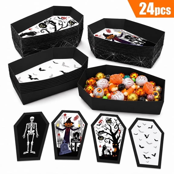 Kabuer Halloween Treat Boxes Candy Boxes Halloween Coffin Paper Box for Trick or Treat Party Supplies Decorations 24PCS